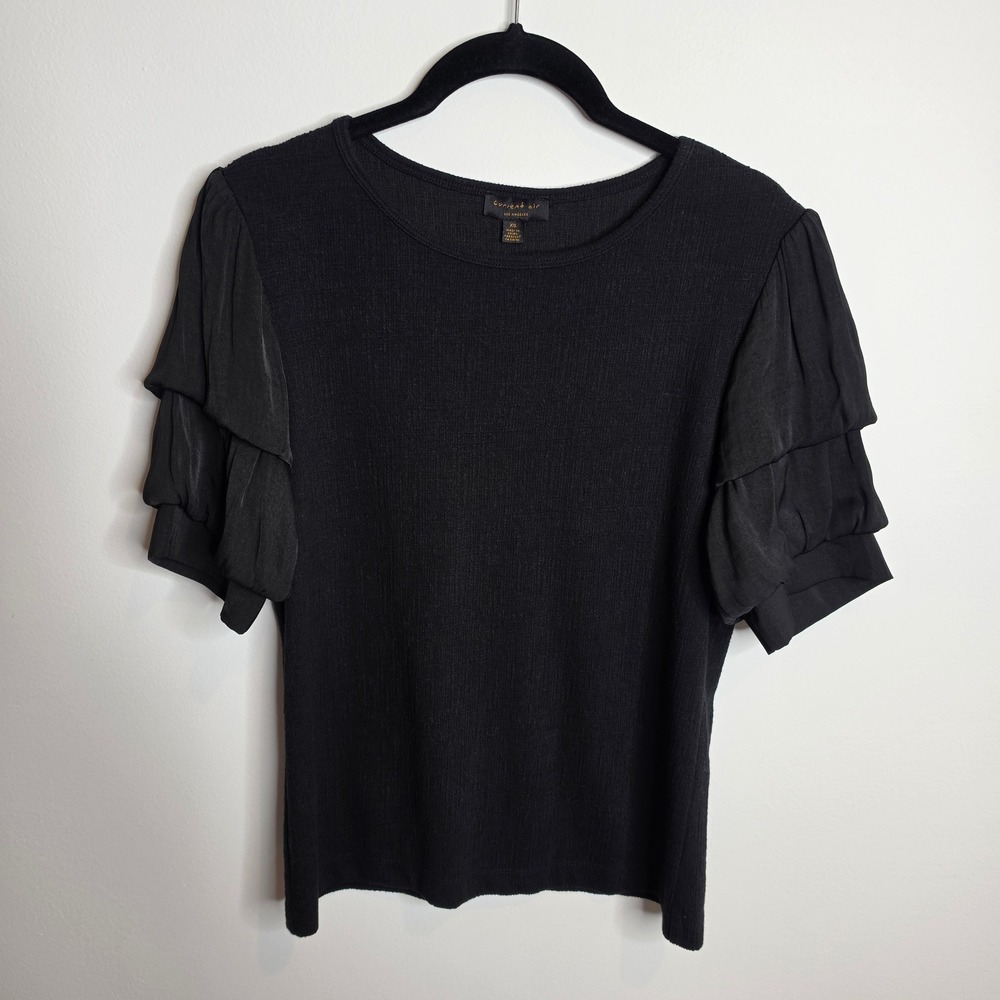 Current Air Ruffle Tiered Sleeve Ribbed Knit Blouse Women XS Black